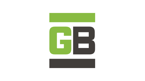 Logotipo de GB en verde y negro con barras horizontales arriba y abajo.