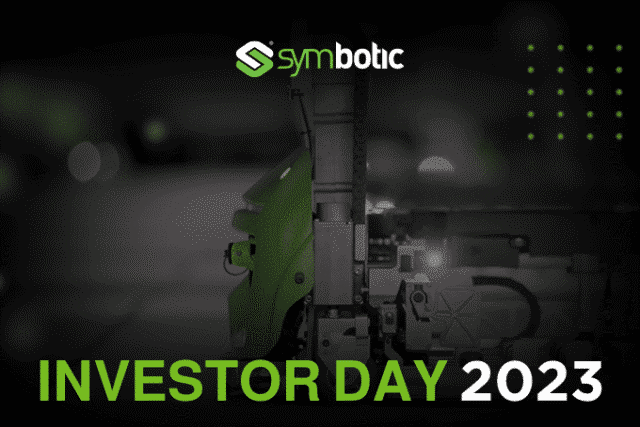 Cartel del Symbotic Investor Day 2023 con una temática industrial en tonos verdes y el logotipo de la empresa en la esquina superior.