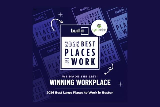 Premio a las mejores grandes empresas para trabajar en Boston en 2026, con los logotipos de Built In y Symbiotic y elementos gráficos conmemorativos.