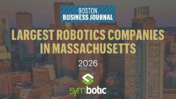 El perfil urbano de Boston con el título de la clasificación de 2026, «Las mayores empresas de robótica de Massachusetts», en el que aparece el logotipo de Symbotic.