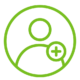 Icono de usuario con un contorno circular y un signo más, que indica «añadir» o «crear» una nueva cuenta de usuario.