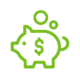 Icono de una hucha verde con el símbolo del dólar y monedas flotando por encima.
