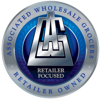 logotipo de Associated Wholesale Grocers con el texto «Retailer Focused Retailer Owned» rodeándolo