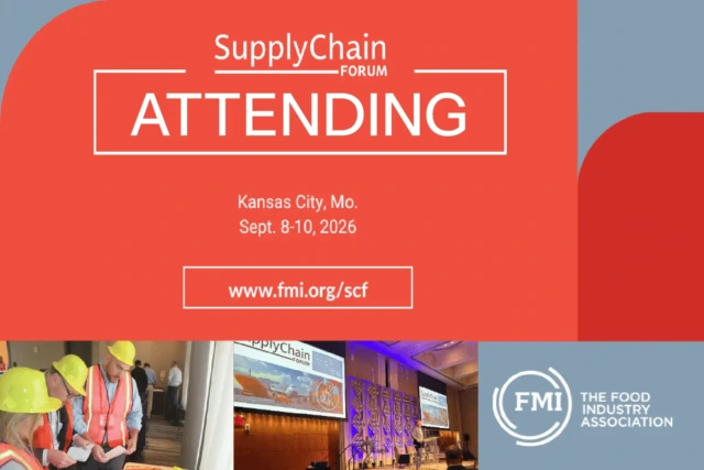 FMI Supply Chain Forum 2026 in Kansas City, September 8-10; event attendees wearing safety gear and presentation hall images.