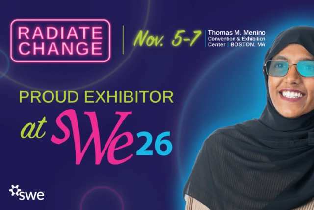 Radiate Change event, Nov 5-7, Thomas M. Menino Center, Boston, MA. Proud exhibitor at SWE26 with smiling individual.