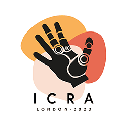 Logo của ICRA 2023 tại London với hình ảnh một bàn tay robot cách điệu trên nền các hình khối trừu tượng màu cam và đỏ.