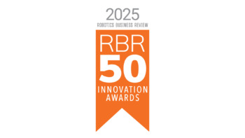Huy hiệu Giải thưởng Sáng tạo RBR50 năm 2025 của Robotics Business Review, thiết kế màu cam và trắng với chữ in đậm