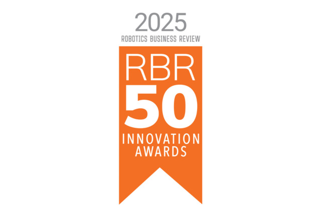 Huy hiệu Giải thưởng Sáng tạo RBR50 năm 2025 của Robotics Business Review, thiết kế màu cam và trắng với chữ in đậm