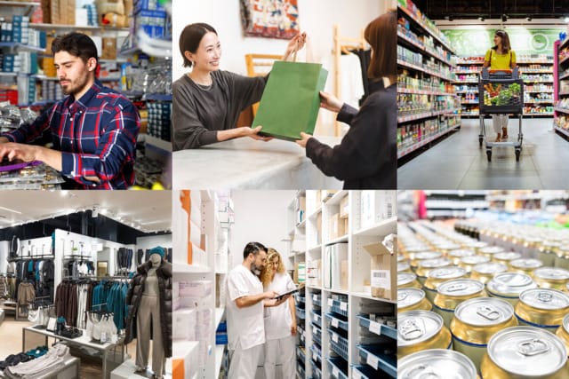 Bộ sưu tập các cảnh mua sắm đa dạng: người đàn ông ngồi trước máy tính, người phụ nữ đứng ở quầy thu ngân, khu vực thực phẩm tươi sống, cửa hàng quần áo, hiệu thuốc, khu hàng đóng hộp.