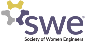 Logo của Hiệp hội Nữ Kỹ sư với thiết kế bánh răng cách điệu màu vàng, xám và tím nằm phía trên chữ viết tắt SWE và tên đầy đủ.