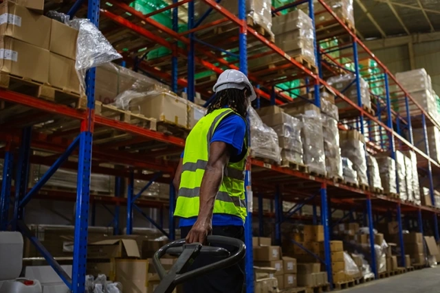Warehouse worker in a high-visibility vest moving items with a pallet jack, surrounded by shelves of stacked boxes.